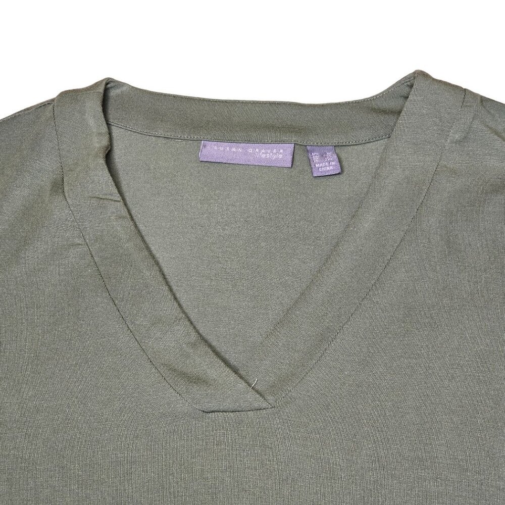 Susan Graver Lifestyle Women Liquid Knit Tunic Top 1XL Green Long Sleeve V-Neck - Picture 4 of 5